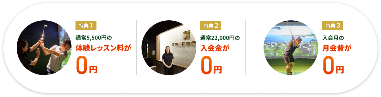 特典1: 通常5,000円の体験レッスン料が0円 特典1:通常22,000円の入会金が0円 特典3: 入会月会費が0円